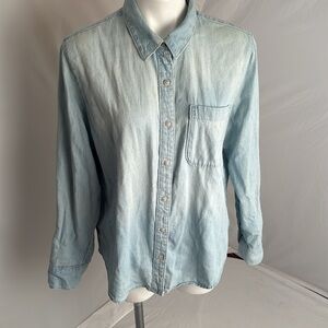 Universal Threads light wash distressed denim button down shirt